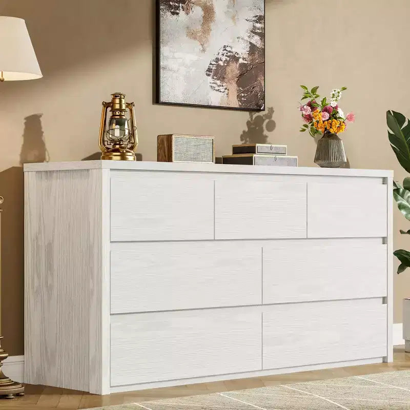Commode 7 tiroirs pour chambre à coucher, commode en bois de 53 po de largeur, organisateur de rangement de vêtements sans poignée, meuble TV pour couloir, chambre à coucher