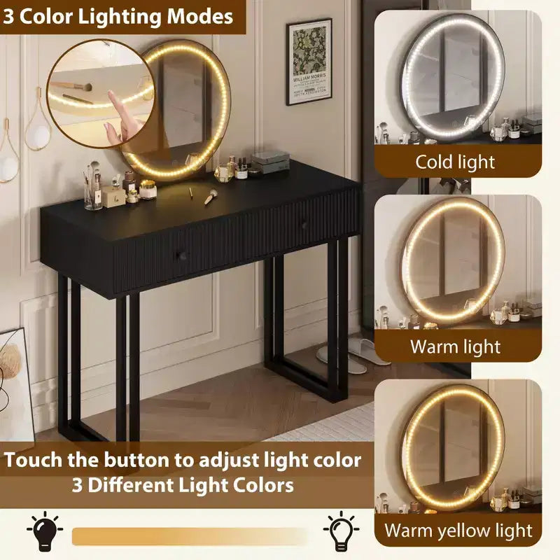 Coiffeuse Acekool avec miroir et lumières LED, éclairage 3 couleurs, grand espace de rangement, table de maquillage moderne et minimaliste, assemblage facile
