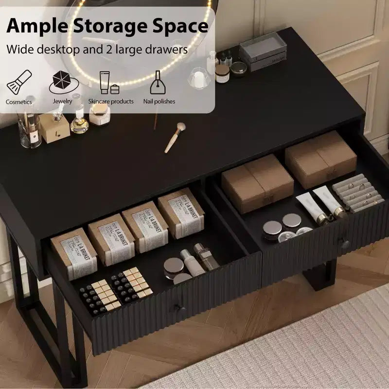 Coiffeuse Acekool avec miroir et lumières LED, éclairage 3 couleurs, grand espace de rangement, table de maquillage moderne et minimaliste, assemblage facile