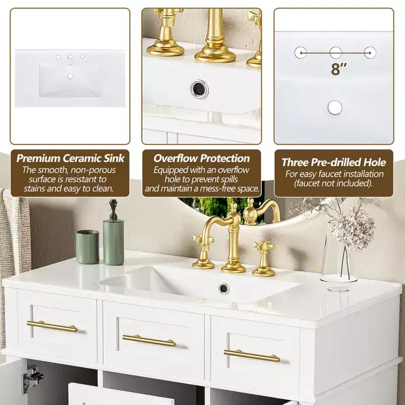 Meuble-lavabo de salle de bain blanc de 36 po avec tiroirs, armoire de rangement de salle de bain avec porte à fermeture douce et étagère réglable