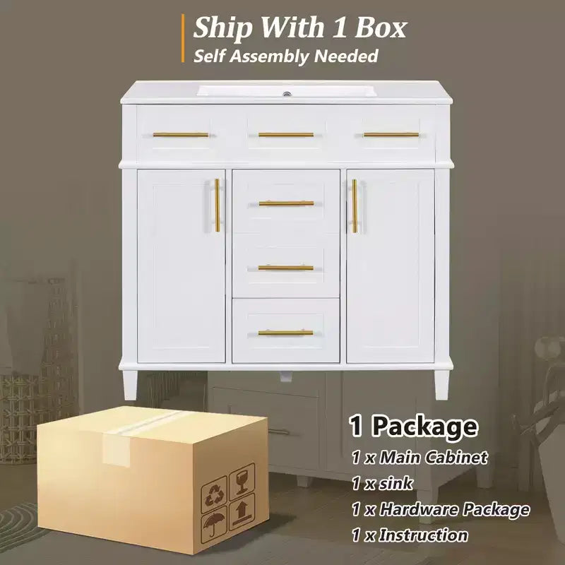Meuble-lavabo de salle de bain blanc de 36 po avec tiroirs, armoire de rangement de salle de bain avec porte à fermeture douce et étagère réglable