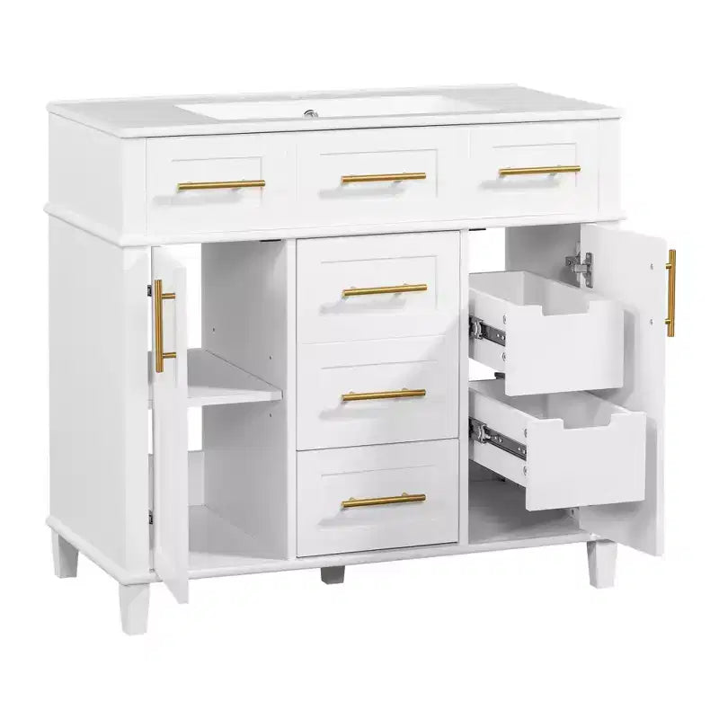Meuble-lavabo de salle de bain blanc de 36 po avec tiroirs, armoire de rangement de salle de bain avec porte à fermeture douce et étagère réglable