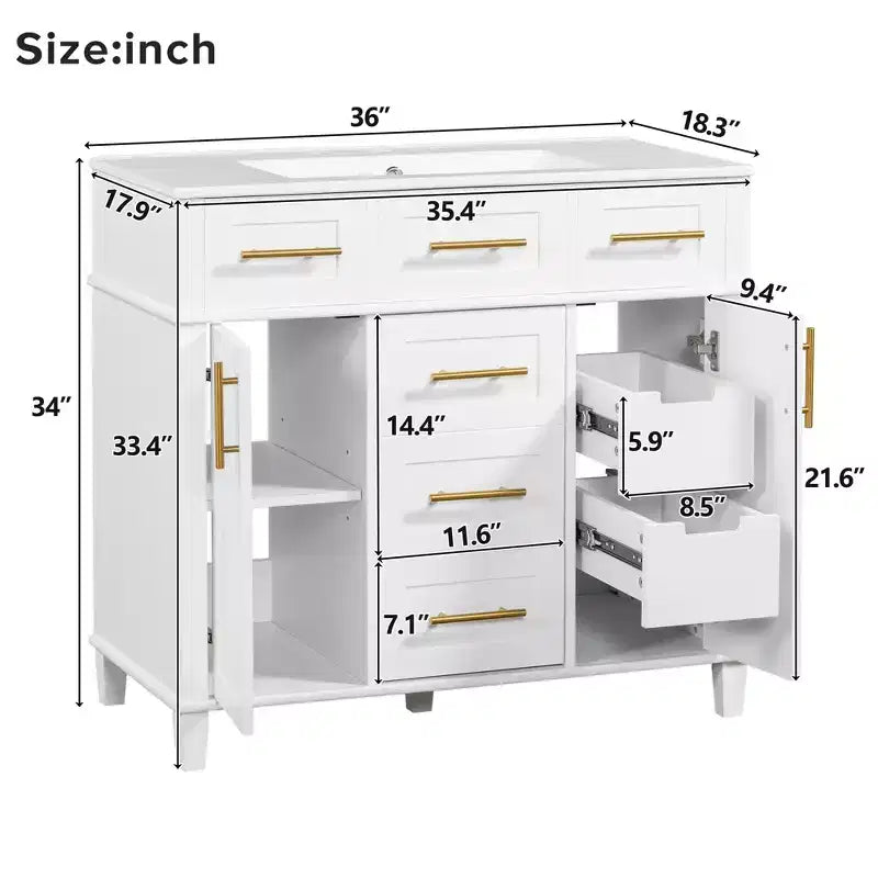 Meuble-lavabo de salle de bain blanc de 36 po avec tiroirs, armoire de rangement de salle de bain avec porte à fermeture douce et étagère réglable