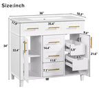 Meuble-lavabo de salle de bain blanc de 36 po avec tiroirs, armoire de rangement de salle de bain avec porte à fermeture douce et étagère réglable
