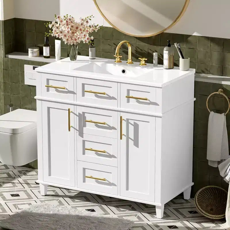 Meuble-lavabo de salle de bain blanc de 36 po avec tiroirs, armoire de rangement de salle de bain avec porte à fermeture douce et étagère réglable