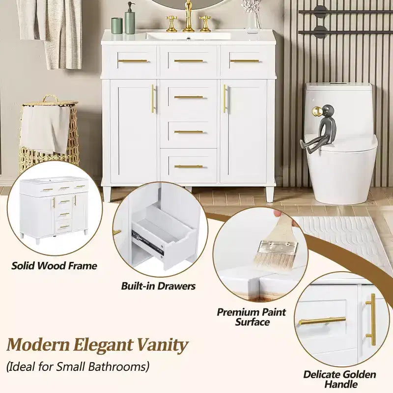 Meuble-lavabo de salle de bain blanc de 36 po avec tiroirs, armoire de rangement de salle de bain avec porte à fermeture douce et étagère réglable