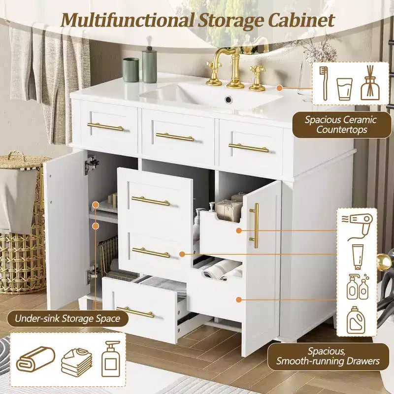 Meuble-lavabo de salle de bain blanc de 36 po avec tiroirs, armoire de rangement de salle de bain avec porte à fermeture douce et étagère réglable