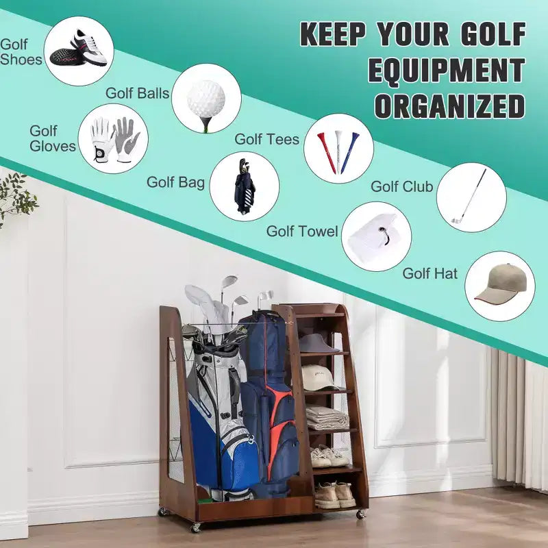 Organisateur de sac de golf pour garage, support de rangement pour clubs de golf en bois de qualité supérieure pouvant accueillir 2 sacs de golf, organisateur de coffre de golf pour garage, abri de club, sous-sol
