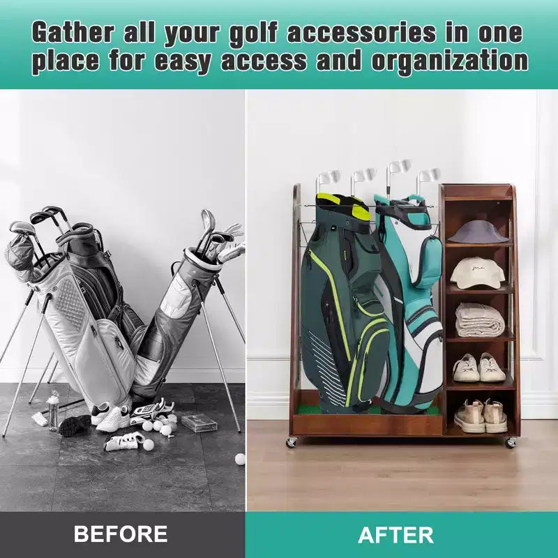 Organisateur de sac de golf pour garage, support de rangement pour clubs de golf en bois de qualité supérieure pouvant accueillir 2 sacs de golf, organisateur de coffre de golf pour garage, abri de club, sous-sol