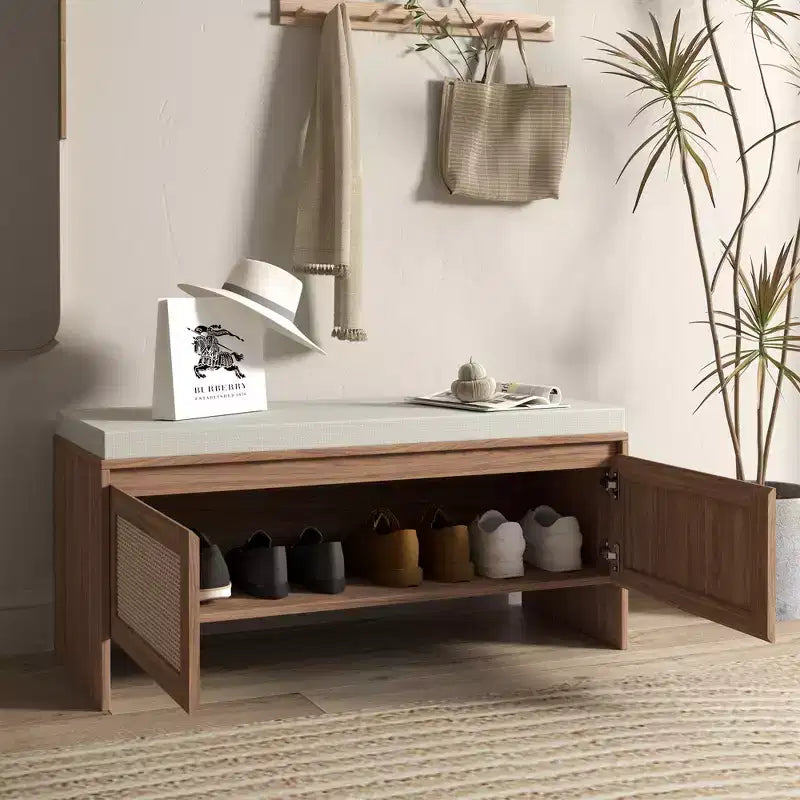 Banc à chaussures TUYOHW en rotin PP style bohème avec coussin, banc d'entrée en bois robuste pour s'asseoir et ranger, organiseur de chaussures à 2 portes
