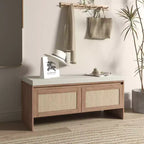 Banc à chaussures TUYOHW en rotin PP style bohème avec coussin, banc d'entrée en bois robuste pour s'asseoir et ranger, organiseur de chaussures à 2 portes