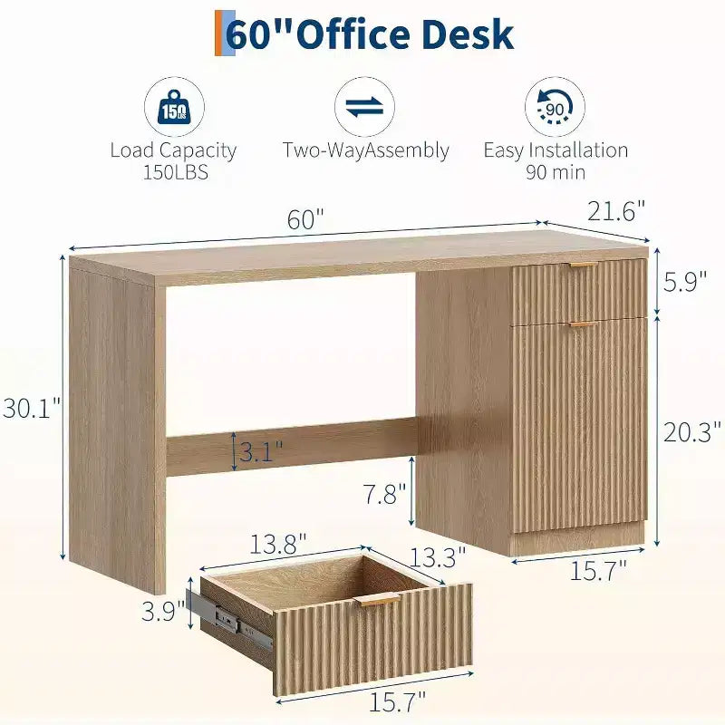 Bureau de direction cannelé de 60 po avec tiroirs, bureau d'ordinateur moderne pour la maison avec armoire de rangement, poste de travail en bois pour le travail, l'étude, l'écriture, chêne