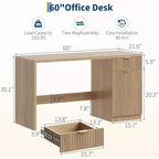 Bureau de direction cannelé de 60 po avec tiroirs, bureau d'ordinateur moderne pour la maison avec armoire de rangement, poste de travail en bois pour le travail, l'étude, l'écriture, chêne