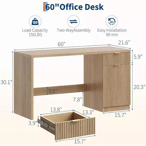 Bureau de direction cannelé de 60 po avec tiroirs, bureau d'ordinateur moderne pour la maison avec armoire de rangement, poste de travail en bois pour le travail, l'étude, l'écriture, chêne