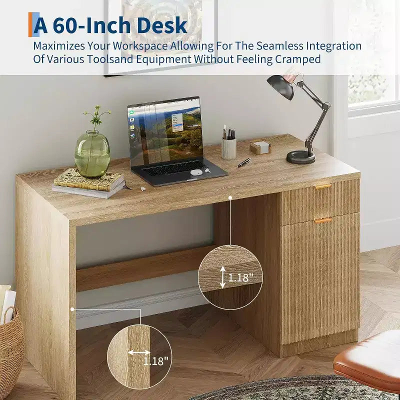 Bureau de direction cannelé de 60 po avec tiroirs, bureau d'ordinateur moderne pour la maison avec armoire de rangement, poste de travail en bois pour le travail, l'étude, l'écriture, chêne