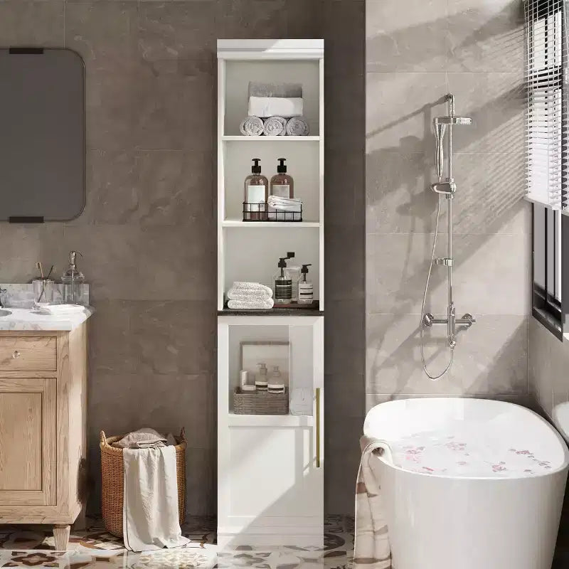 Meuble de rangement de salle de bain haut et étroit de 177,8 cm avec porte et étagères ouvertes, meuble de rangement étroit autoportant pour petits espaces, cuisine, salon