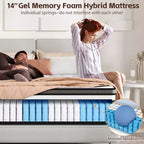 Matelas King de 14 pouces, matelas hybride en mousse à mémoire de forme et gel dans une boîte, soutien à ressorts ensachés avec isolation des mouvements et soulagement de la pression, fermeté moyenne, CertiPUR-US