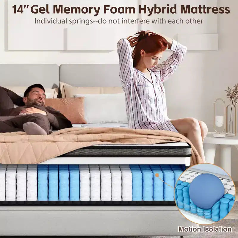 Matelas King de 14 pouces, matelas hybride en mousse à mémoire de forme et gel dans une boîte, soutien à ressorts ensachés avec isolation des mouvements et soulagement de la pression, fermeté moyenne, CertiPUR-US