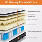 Matelas King de 14 pouces, matelas hybride en mousse à mémoire de forme et gel dans une boîte, soutien à ressorts ensachés avec isolation des mouvements et soulagement de la pression, fermeté moyenne, CertiPUR-US