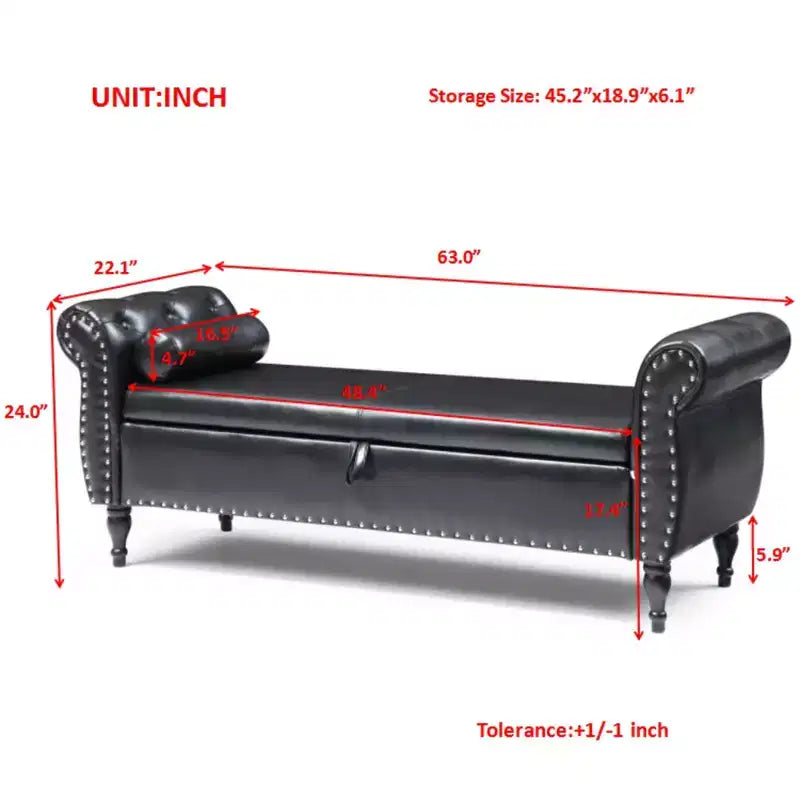 Banc de rangement en velours TUYOHW avec capitonnage à boutons et décorations cloutées, pouf de rangement avec pieds en bois et 1 oreiller, banc de rangement de bout de lit