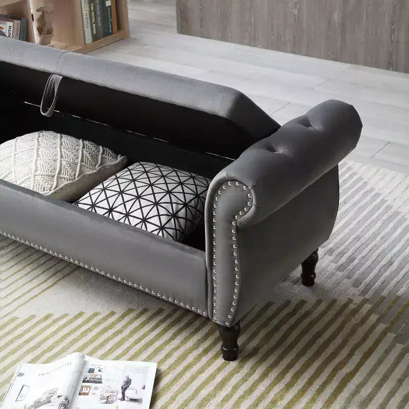Banc de rangement en velours TUYOHW avec capitonnage à boutons et décorations cloutées, pouf de rangement avec pieds en bois et 1 oreiller, banc de rangement de bout de lit