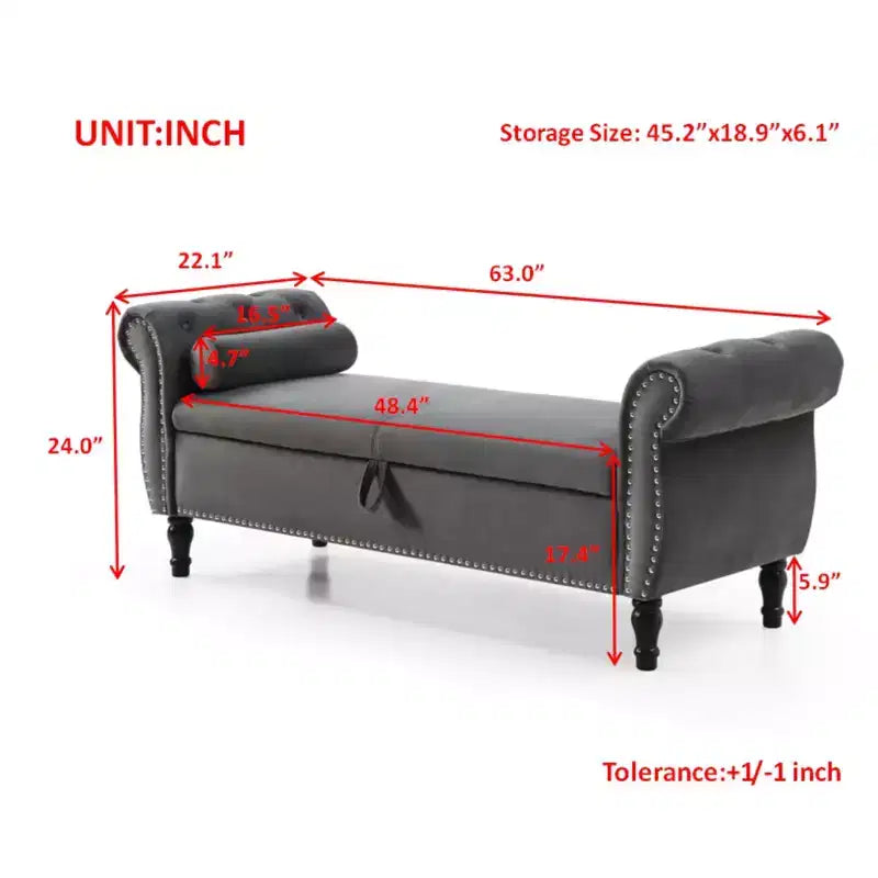 Banc de rangement en velours TUYOHW avec capitonnage à boutons et décorations cloutées, pouf de rangement avec pieds en bois et 1 oreiller, banc de rangement de bout de lit