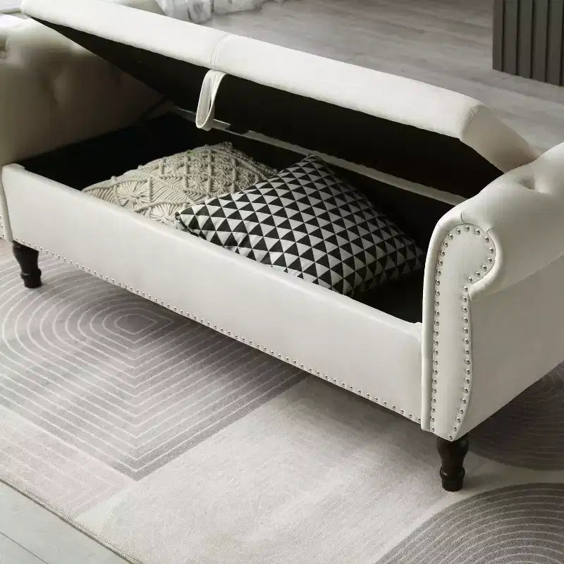Banc de rangement en velours TUYOHW avec capitonnage à boutons et décorations cloutées, pouf de rangement avec pieds en bois et 1 oreiller, banc de rangement de bout de lit