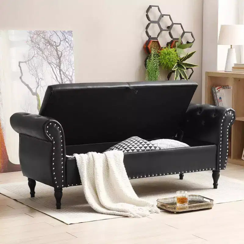 Banc de rangement en velours TUYOHW avec capitonnage à boutons et décorations cloutées, pouf de rangement avec pieds en bois et 1 oreiller, banc de rangement de bout de lit