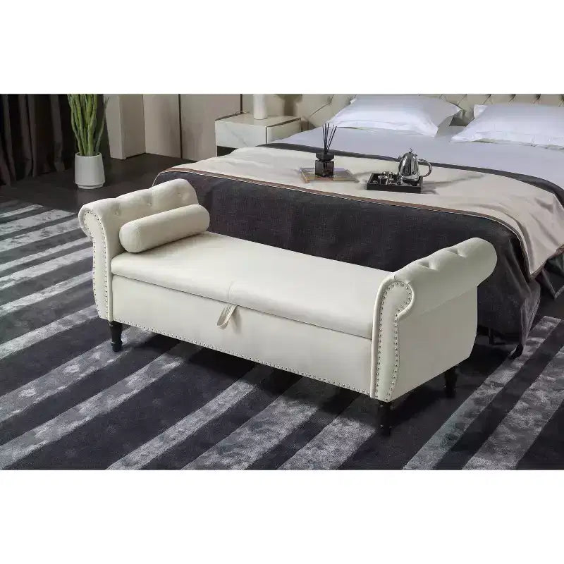 Banc de rangement en velours TUYOHW avec capitonnage à boutons et décorations cloutées, pouf de rangement avec pieds en bois et 1 oreiller, banc de rangement de bout de lit