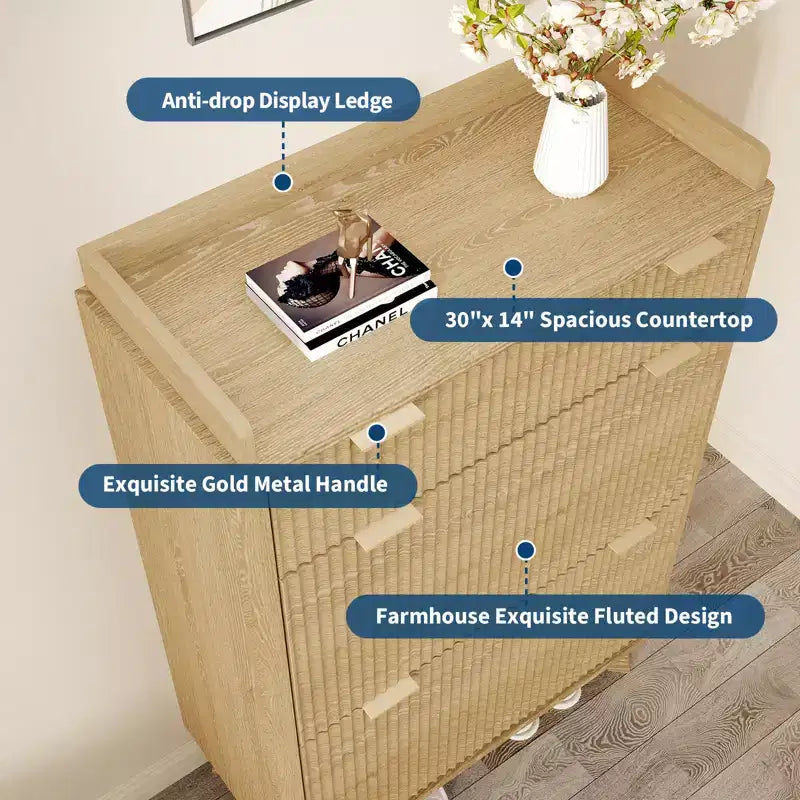 Meuble de rangement à chaussures en bois cannelé pour entrée avec 2 tiroirs basculants, meuble à chaussures étroit dissimulé autoportant de 122 cm de haut pour couloir