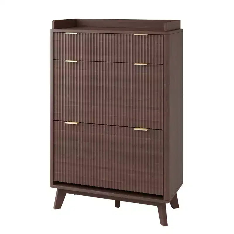 Meuble de rangement à chaussures en bois cannelé pour entrée avec 2 tiroirs basculants, meuble à chaussures étroit dissimulé autoportant de 122 cm de haut pour couloir