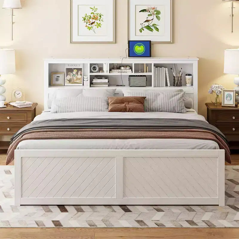Lit plateforme King Size Clihome en bois avec tête de lit multi-rangements, USB et tiroirs