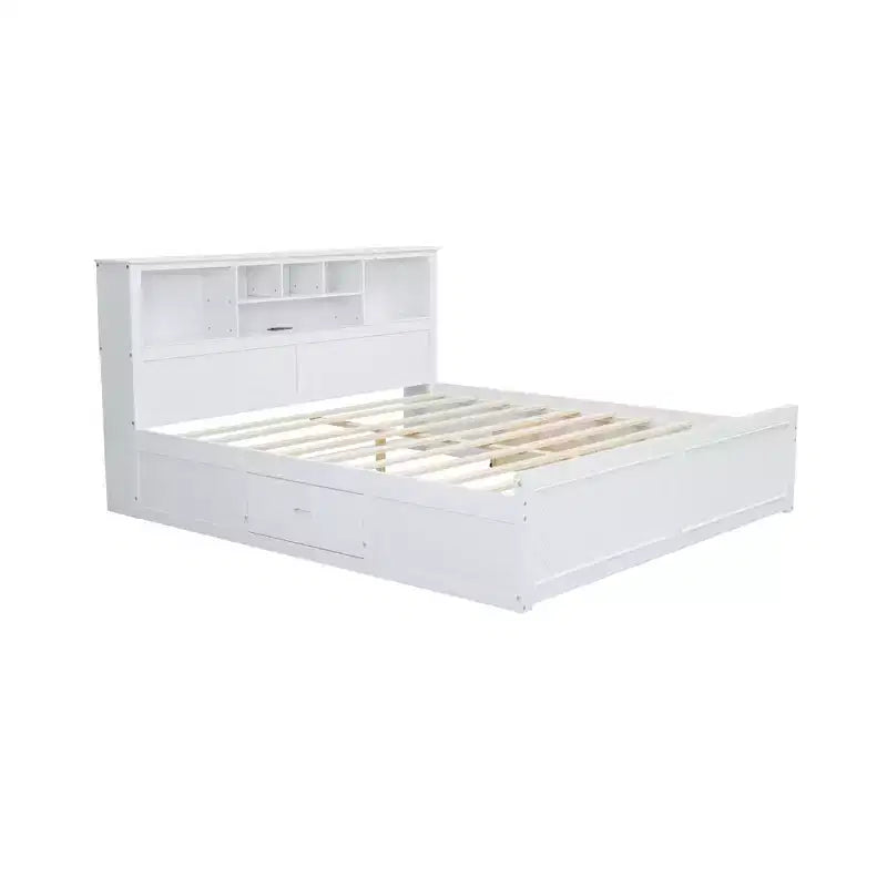 Lit plateforme King Size Clihome en bois avec tête de lit multi-rangements, USB et tiroirs