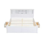 Lit plateforme King Size Clihome en bois avec tête de lit multi-rangements, USB et tiroirs