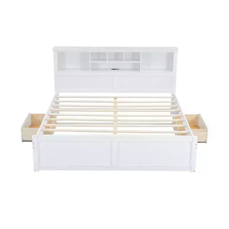 Lit plateforme King Size Clihome en bois avec tête de lit multi-rangements, USB et tiroirs