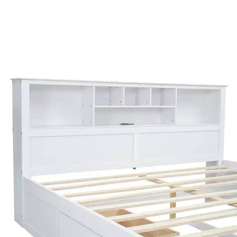 Lit plateforme King Size Clihome en bois avec tête de lit multi-rangements, USB et tiroirs