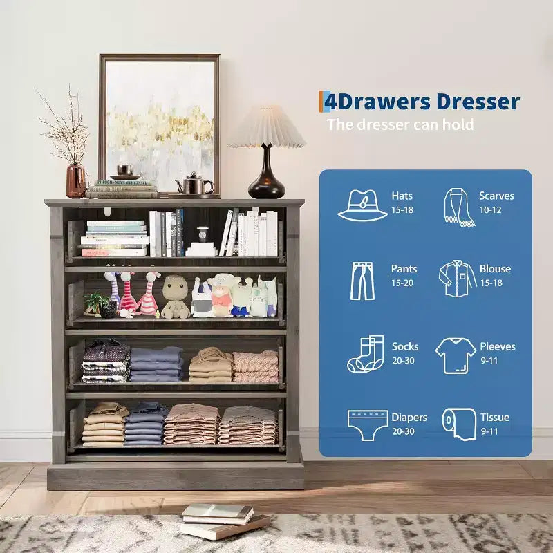 Commode de ferme à 4 tiroirs pour chambre à coucher, commode haute avec poignées en métal, commode rustique en bois pouvant servir de meuble TV, pour salon, couloir