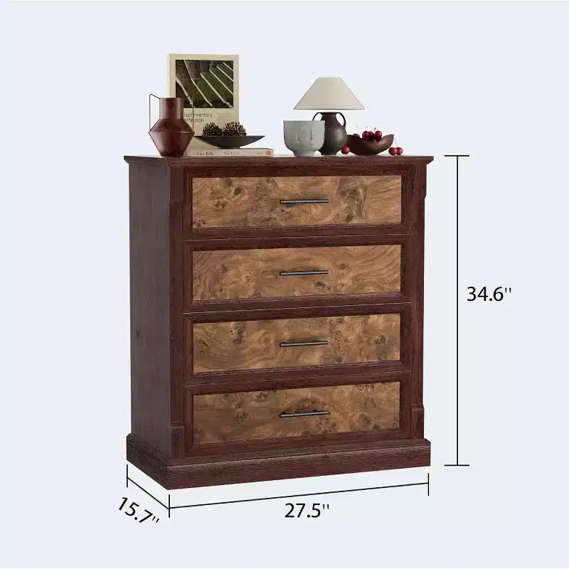 Commode de ferme à 4 tiroirs pour chambre à coucher, commode haute avec poignées en métal, commode rustique en bois pouvant servir de meuble TV, pour salon, couloir