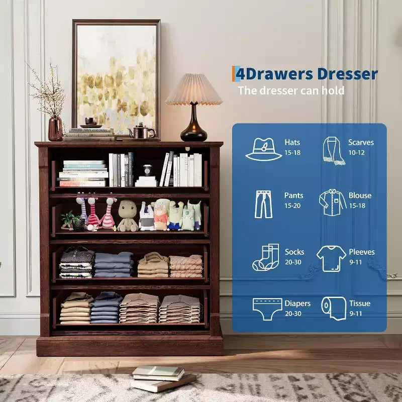 Commode de ferme à 4 tiroirs pour chambre à coucher, commode haute avec poignées en métal, commode rustique en bois pouvant servir de meuble TV, pour salon, couloir