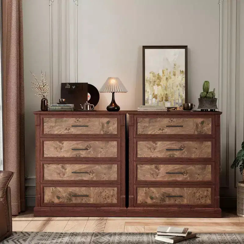 Commode de ferme à 4 tiroirs pour chambre à coucher, commode haute avec poignées en métal, commode rustique en bois pouvant servir de meuble TV, pour salon, couloir