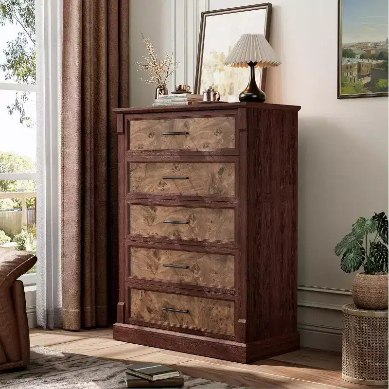 Commode de ferme à 4 tiroirs pour chambre à coucher, commode haute avec poignées en métal, commode rustique en bois pouvant servir de meuble TV, pour salon, couloir