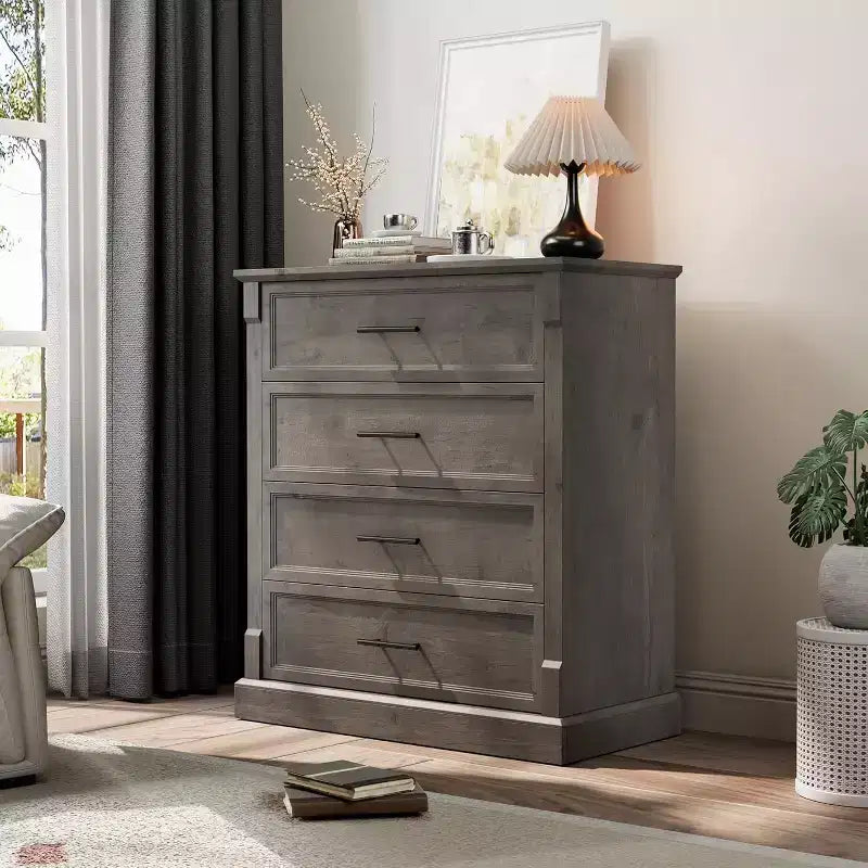 Commode de ferme à 4 tiroirs pour chambre à coucher, commode haute avec poignées en métal, commode rustique en bois pouvant servir de meuble TV, pour salon, couloir
