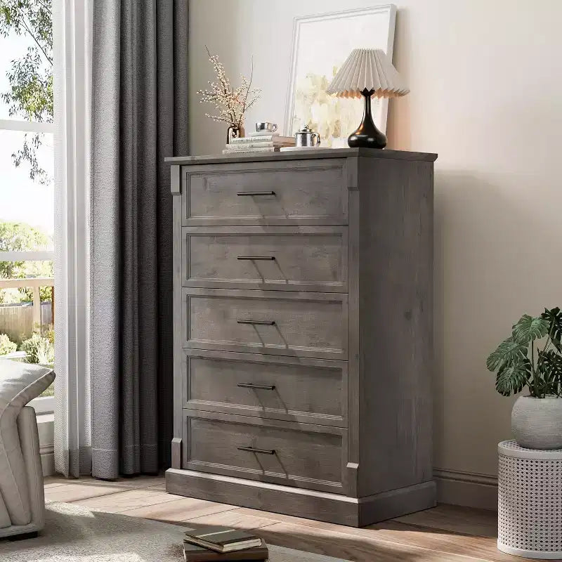 Commode de ferme à 4 tiroirs pour chambre à coucher, commode haute avec poignées en métal, commode rustique en bois pouvant servir de meuble TV, pour salon, couloir