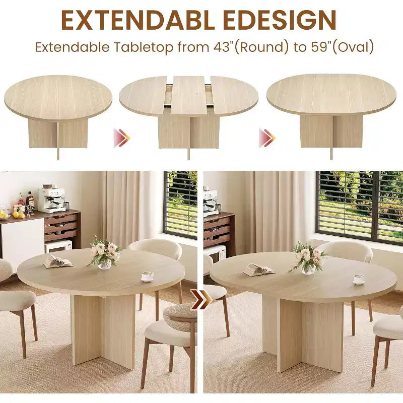 Table à manger ronde extensible de 43,3'' à 59'' pour 4 à 8 personnes, Table à manger ovale de cuisine moderne avec rallonges amovibles, Table de salle à manger, cuisine
