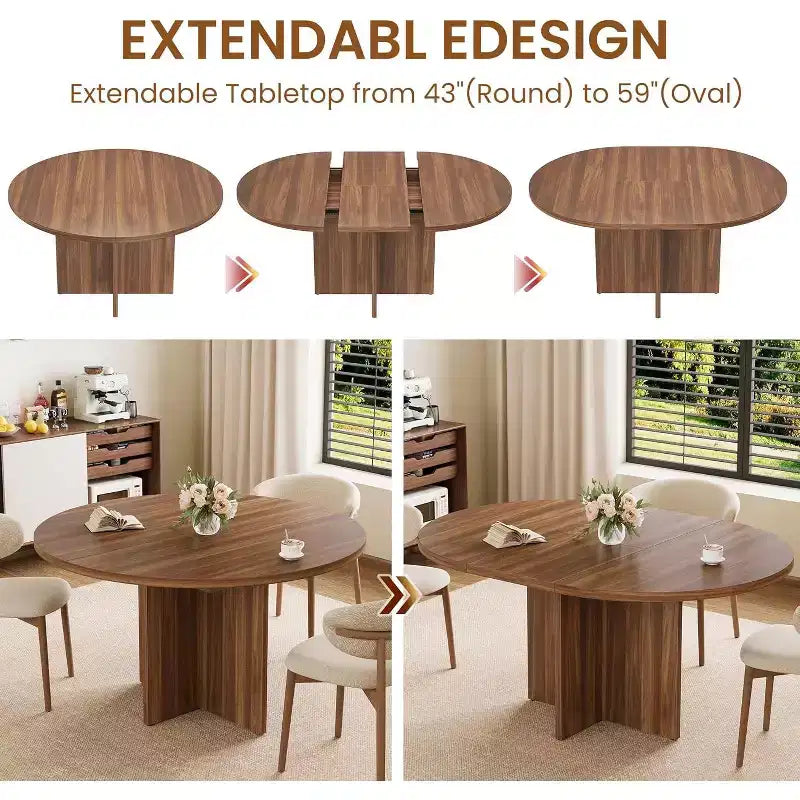 Table à manger ronde extensible de 43,3'' à 59'' pour 4 à 8 personnes, Table à manger ovale de cuisine moderne avec rallonges amovibles, Table de salle à manger, cuisine