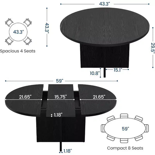Table à manger ronde extensible de 43,3'' à 59'' pour 4 à 8 personnes, Table à manger ovale de cuisine moderne avec rallonges amovibles, Table de salle à manger, cuisine