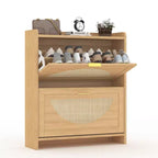 2 Flip Drawers Wood Shoe Storage Cabinet, Shoe Cabinet Freestanding with Rattan Doors & Adjustable Shelves for Entryway, Closet, Hallway
