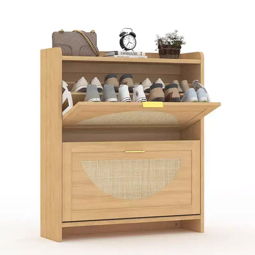 2 Flip Drawers Wood Shoe Storage Cabinet, Shoe Cabinet Freestanding with Rattan Doors & Adjustable Shelves for Entryway, Closet, Hallway