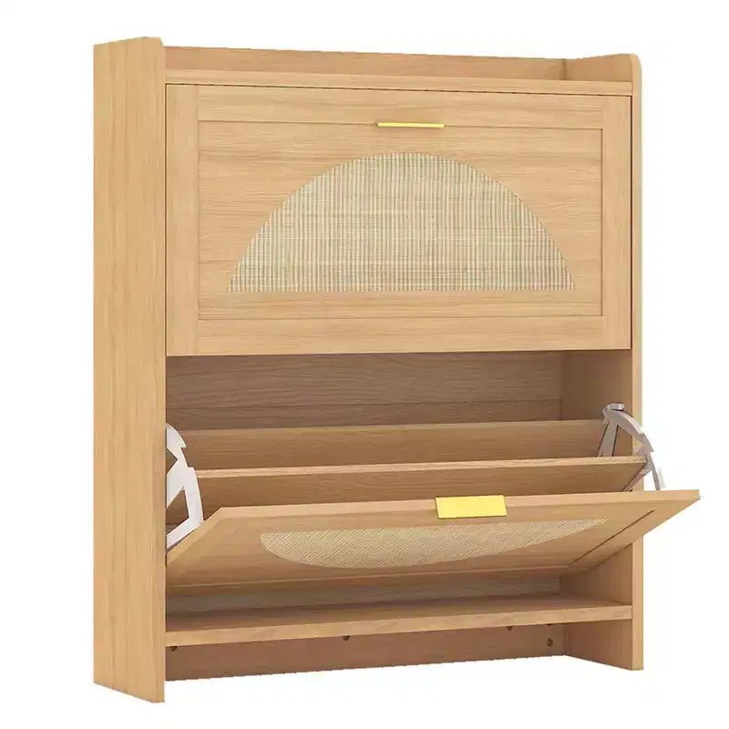 Meuble à chaussures en bois à 2 tiroirs basculants, meuble à chaussures autoportant avec portes en rotin et étagères réglables pour entrée, placard, couloir