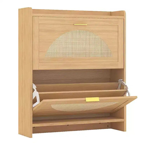 Meuble à chaussures en bois à 2 tiroirs basculants, meuble à chaussures autoportant avec portes en rotin et étagères réglables pour entrée, placard, couloir
